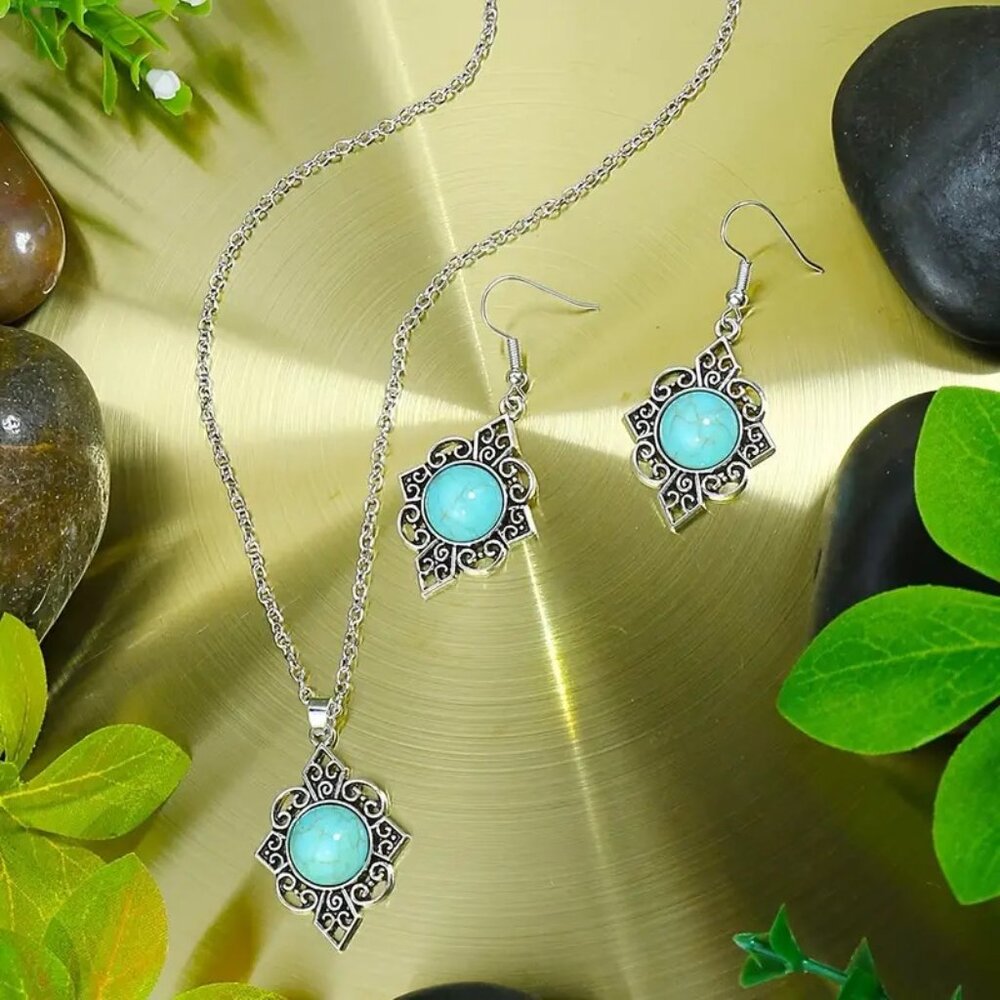 BJ Glamorous Vintage Style Floral Turquoise Gems Retro Necklace/Earring Set